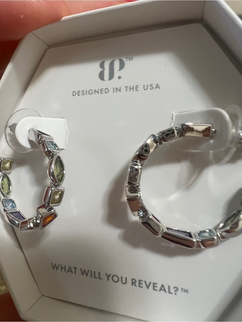 Bp Silver Hoops with Multicolored Gem Accents